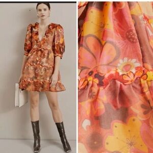 NWT CeliaB Sinai Floral Puff Sleeve Silk Mini Dress Medium Orange